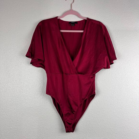 Forever 21 Tops - Forever 21 Burgundy Satin Wrap Bodysuit Flutter Sleeve Size L